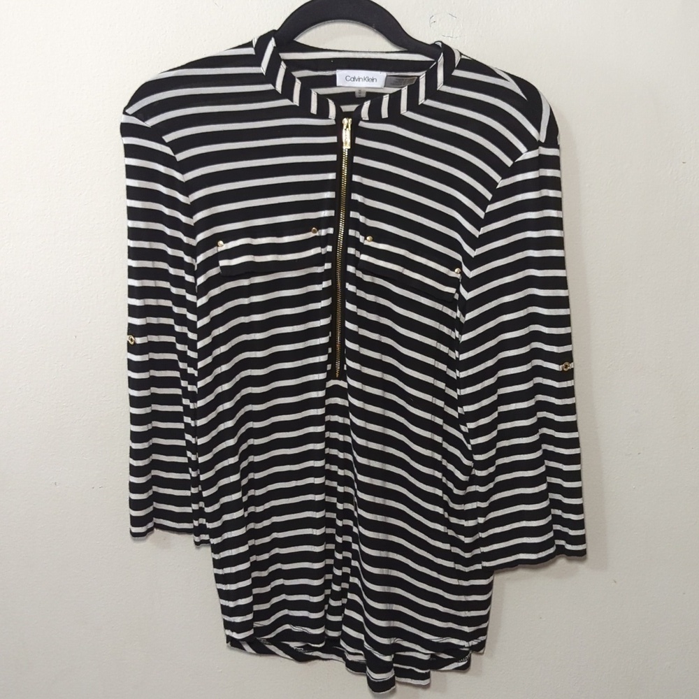Calvin Klein Black and White Striped Blouse Gold Zipper, Pockets Women's Size M